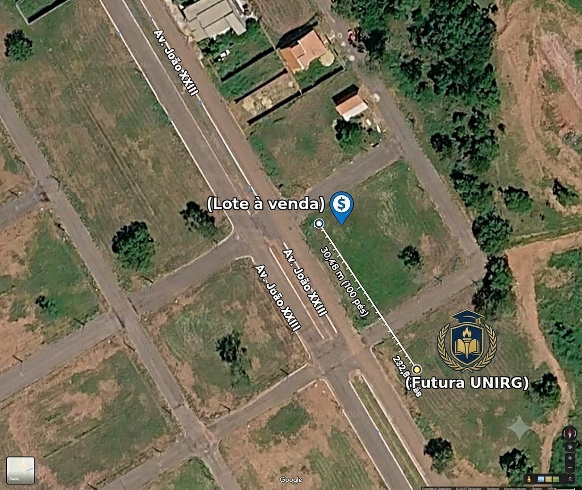Foto de satélite mostrando a localização do lote à venda e a futura sede da UnirG